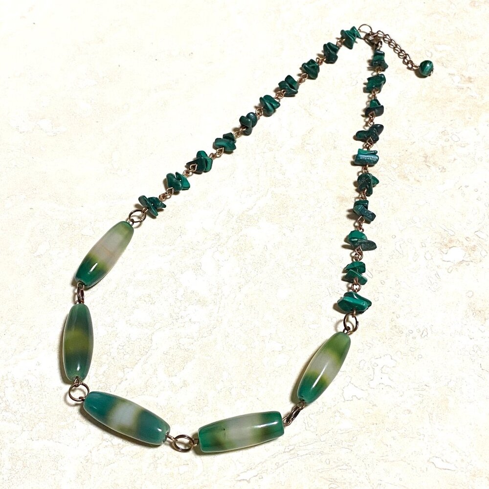 Green Agate & Malachite Necklace, Rustic Genuine Gemstone Copper Link Necklace